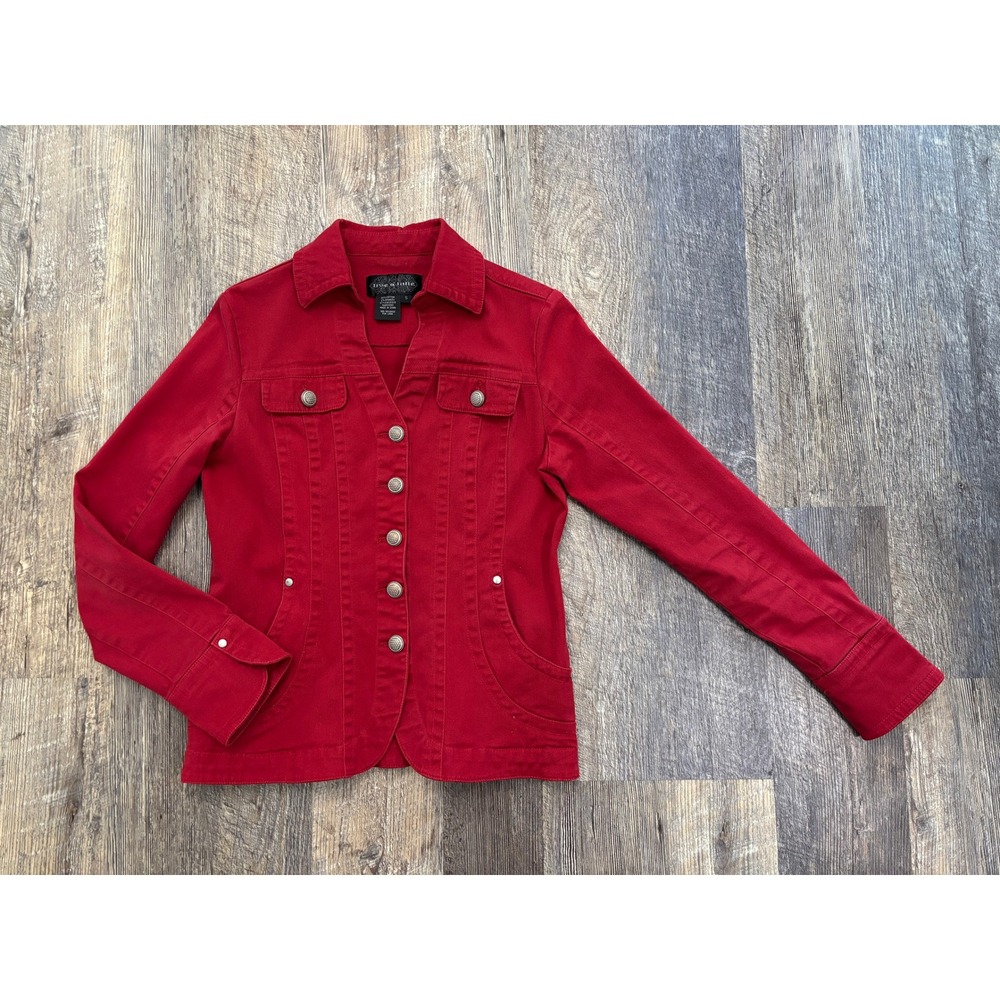 Live a Little Red Denim Jacket Button Up Stretch Cotton Small 251215